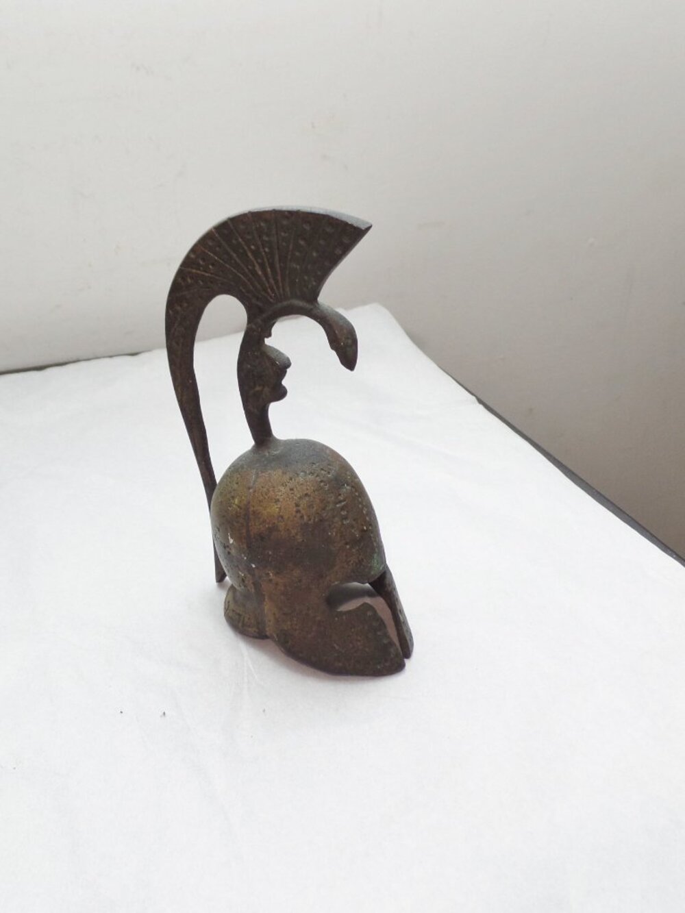 Vintage 5”  Greek Bronze Helmet w/ Patina Spartan Desk Bell